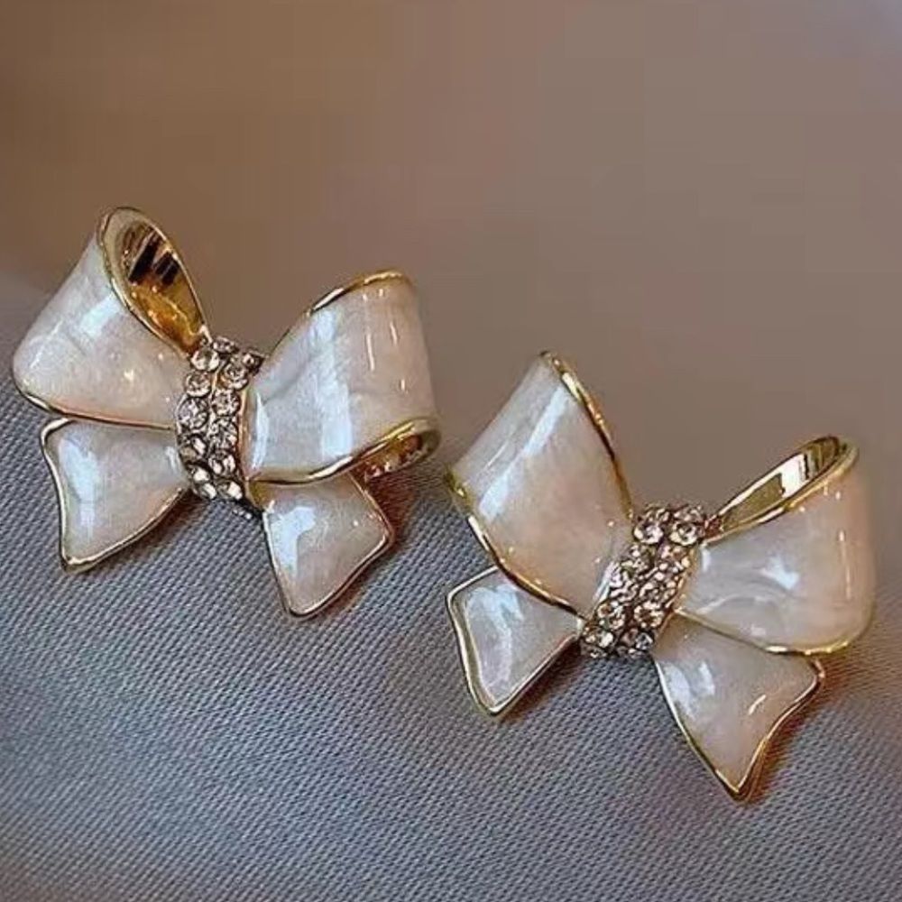 🎀Ivory Swirl Gold Tone Sparkly Bowknot Post Back Stud Earrings💝 - Picture 5 of 5